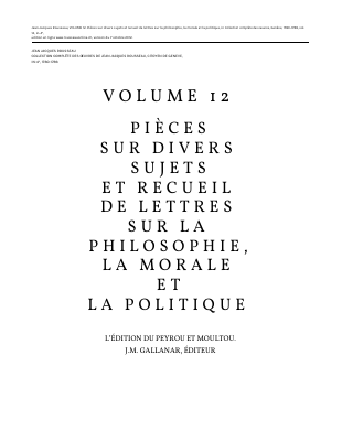 Couverture de Rousseau - Oeuvres 12 - divers, lettres sur la philosophie, la morale et la politique (rousseauonline)